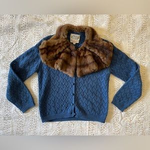 Vintage The Villager wool hand knit cardigan with real fur collar